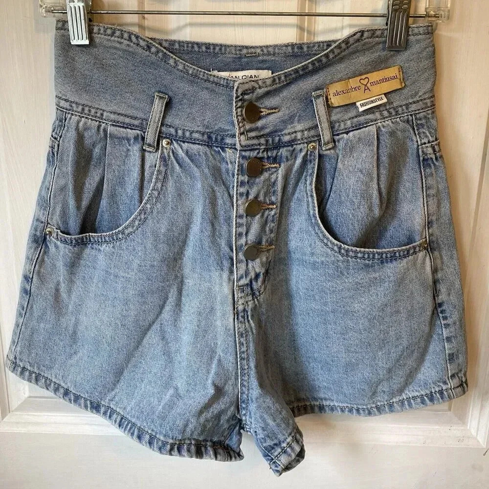 Y2K Alexanbre Women's S Button Fly Denim Jean Shorts Med-Light Blue Pockets